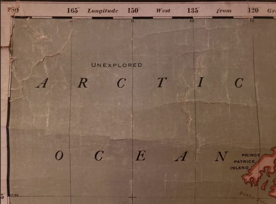 Old map indicating 'Unexplored Arctic Ocean' between 165° and 135° longitude west, with Prince Patrick Island visible on the lower right