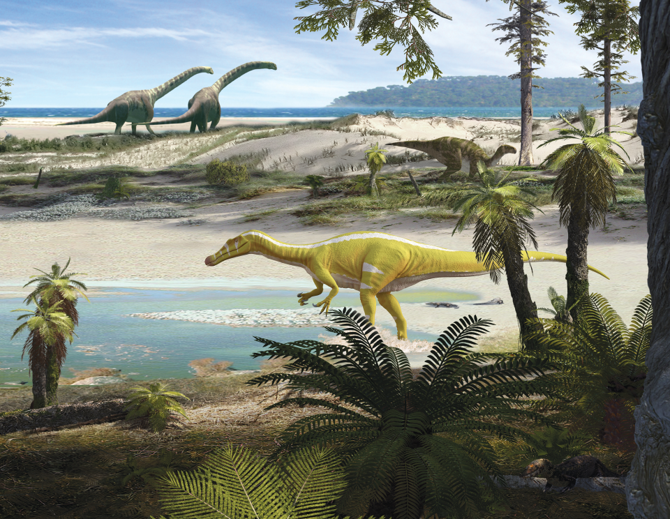 Protathlitis cinctorrensis (front), a new species of the spinosaurid dinosaurs identified in a May 18, 2023 article. In the background are two sauropods (left) and an iguanodon (right).