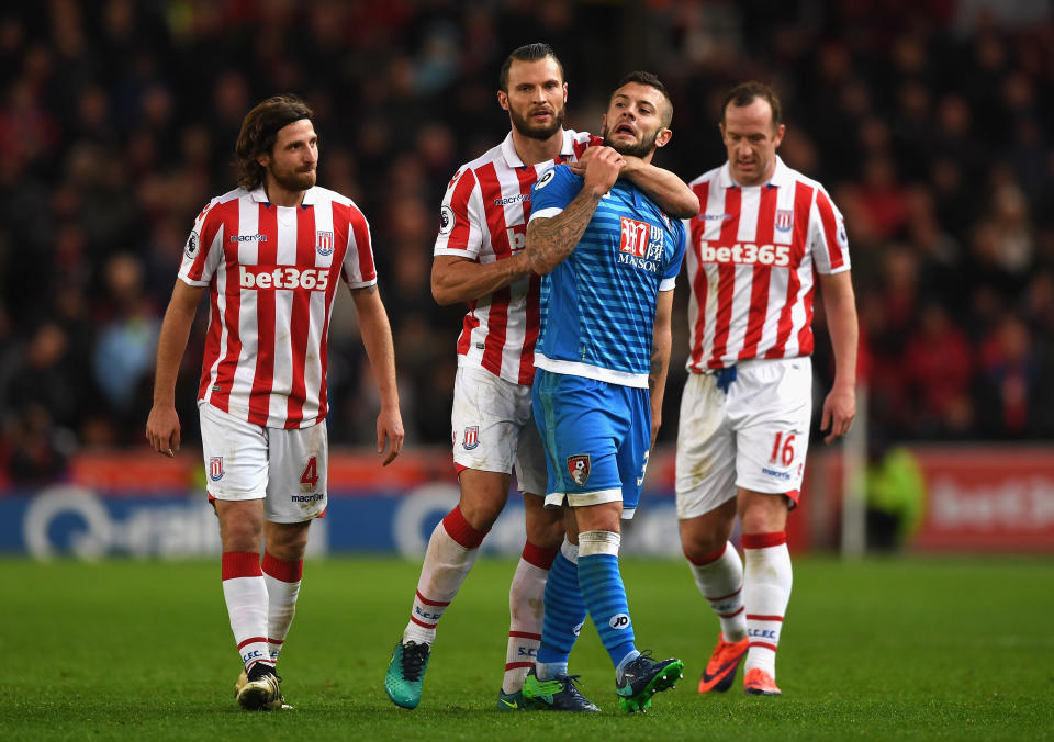 Jack Wilshere is manhandled as Stoke City became increasingly annoyed at our stubborn display in the Potteries last season.