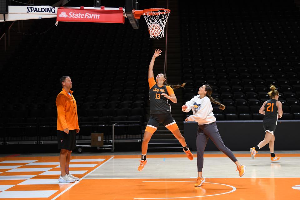 Tennessee’s Avery Strickland (13), participates in a drill during Lady Vols basketball practice in Thompson-Boling Arena, Thursday, June 8, 2023.