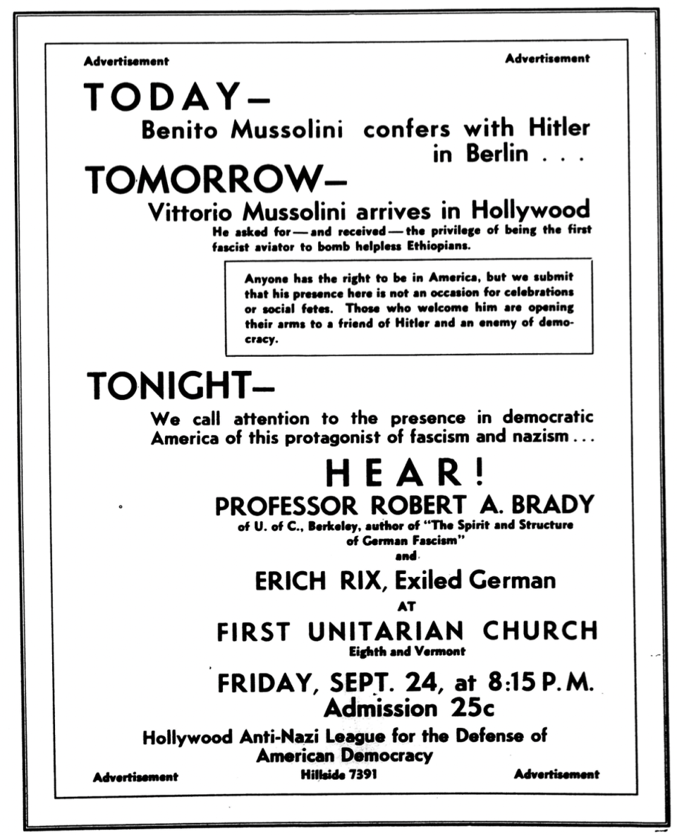 A Hollywood Anti-Nazi League ad in the Sept. 24, 1937 issue of THR.