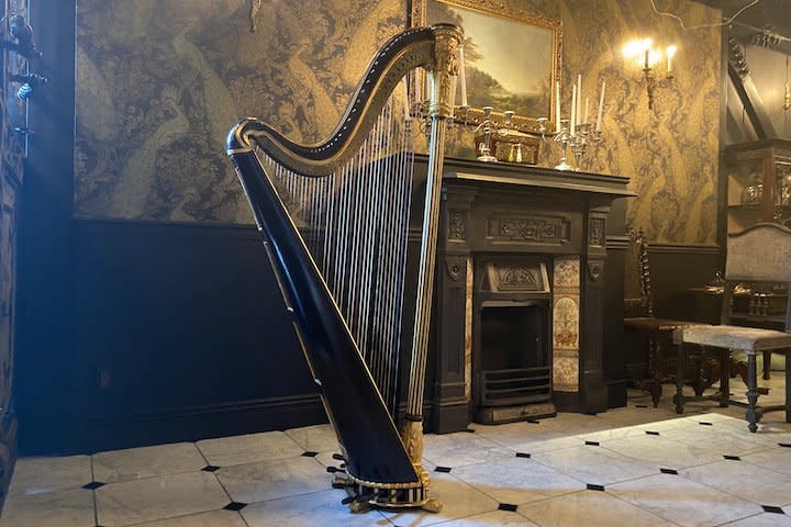 Georgian-era harp featured at the British Antique Museum in Kamakura, Japan.