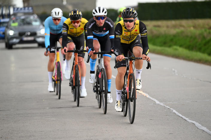 BREDENE BELGIUM  MARCH 17 Andreas Goeman of Belgium and Team Tarteletto  Isorex competes in the breakaway during the 21th Bredene Koksijde Classic 2023 a 1916km one day race from Bredene to Koksijde on March 17 2023 in Koksijde Belgium Photo by Luc ClaessenGetty Images