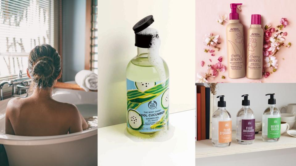 <p>▲散發紓壓氣息的清新沐浴露。（圖／Shutterstock、THE BODY SHOP、 AVEDA、La Belle Meche）</p>
