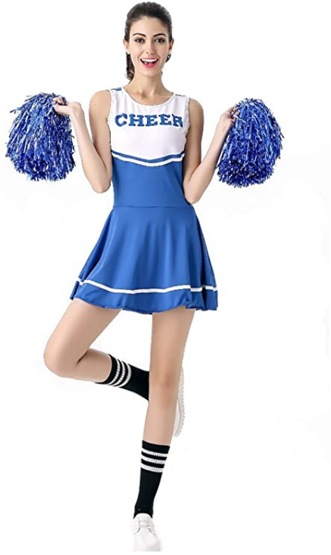 Model wears blue and white Cheerleader uniform with pompoms