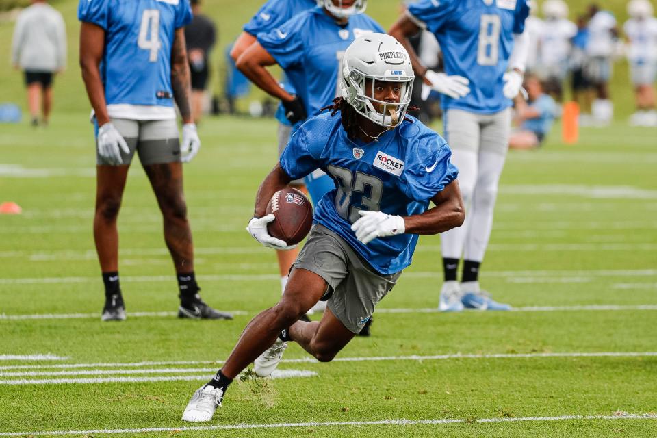 Lions wide receiver Kalil Pimpleton practices during the first day of training camp  July 27, 2022 in Allen Park.