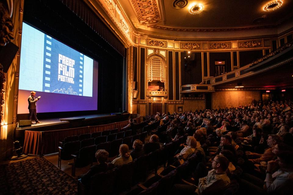 Detroit Free Press executive video producer Brian Kaufman speaks during the Michigan premiere of "Coldwater Kitchen" on the first day of Freep Film Festival at the Detroit Film Theatre in Detroit on Wednesday, April 26, 2023.