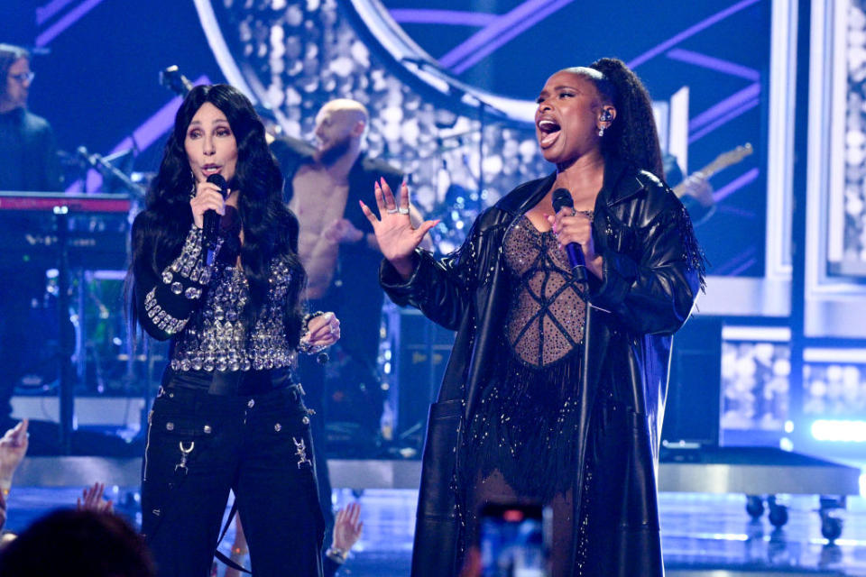 Cher and Jennifer Hudson perform at the 2024 iHeartRadio Music Awards on April 1 in Los Angeles.