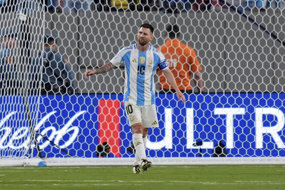 Argentina's Lionel Messi reacts during a Copa America Group A soccer match against Chile in East Rutherford, N.J., Tuesday, June 25, 2024. (AP Photo/Julia Nikhinson)