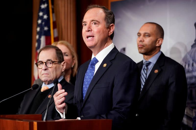 House Impeachment Manager Rep. Schiff speaks after the Trump impeachment trial ended for the day in Washington.