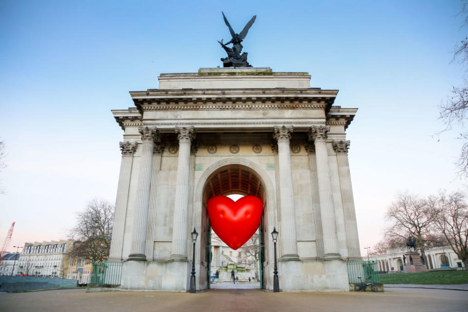 <p>Chubby Hearts Over London is a design project conceived as a love letter to London by Anya Hindmarch in partnership with the Mayor of London, The City of Westminster, British Fashion Council, councils and businesses at Wellington Arch in London, England. (David M. Benett/Dave Benett/Getty Images for Anya Hindmarch ) </p>