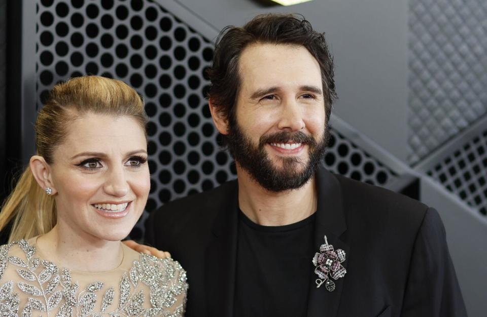 Annaleigh Ashford in a silver mini dress and Josh Groban in a black blazer with a flower pin.