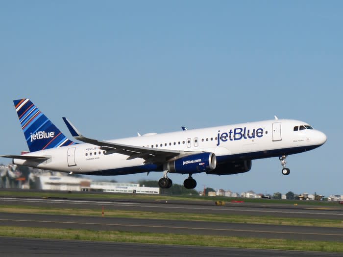 A JetBlue Airways plane preparing to land