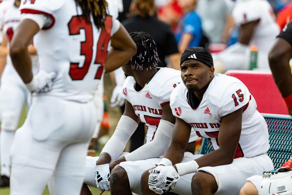 Southern Utah Thunderbirds watch from the sidelines during their football game against the Brigham Young Cougars at LaVell Edwards Stadium in Provo on Saturday, Sept. 9, 2023. BYU won the game 41-16. | Megan Nielsen, Deseret News