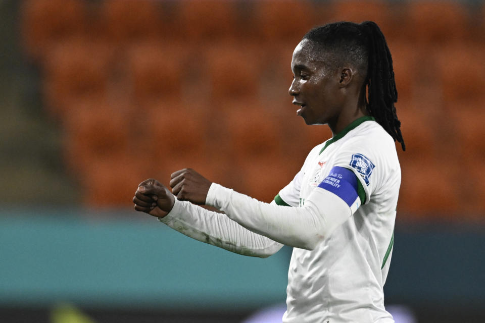 Zambia's Barbra Banda reacts following the Women's World Cup Group C soccer match between Costa Rica and Zambia in Hamilton, New Zealand, Monday, July 31, 2023. (AP Photo/Andrew Cornaga)