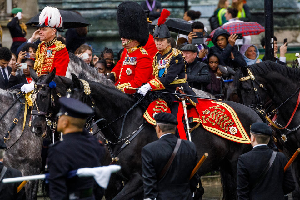 Princess Anne, Princess Royal rides on horseback behind the gold state coach during the King's coronation. (Getty Images)