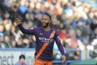 Manchester City's Raheem Sterling gestures during the English Premier League soccer match between Huddersfield Town and Manchester City at John Smith's stadium in Huddersfield, England, Sunday, Jan. 20, 2019. (AP Photo/Rui Vieira)