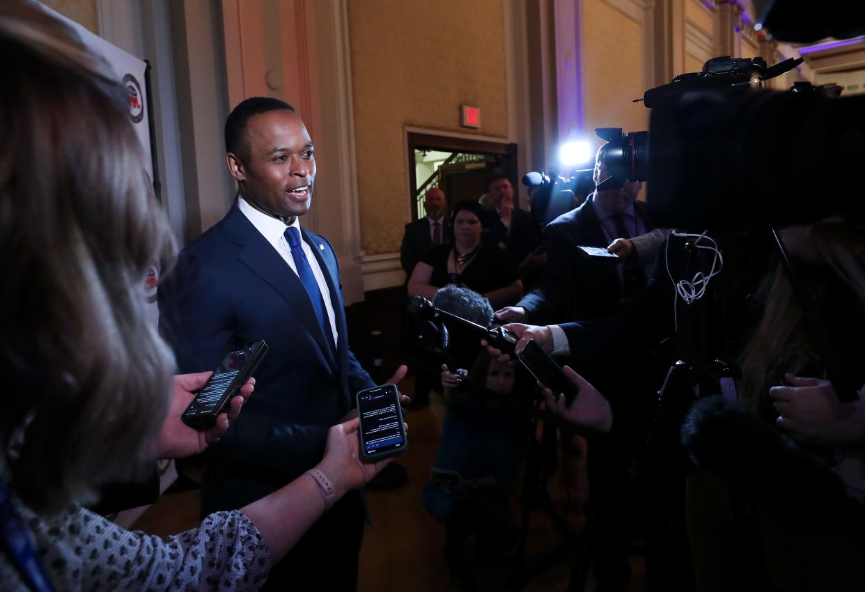 Kentucky Attorney General Daniel Cameron spoke to the media following the first debate of Kentucky's 2023 race for governor held by the Jefferson County GOP at The Henry Clay Building in Louisville, Ky. on Mar. 7, 2023.   