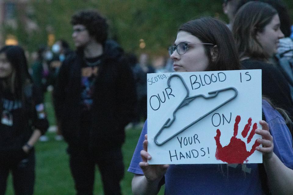 Zoe, a student at Purdue University, demonstrates against the possible Supreme Court decision overturning Roe v. Wade. The student-organized "Protect Roe v. Wade" protest drew demonstrators from both sides of the debate, May 4, 2022, in West Lafayette.