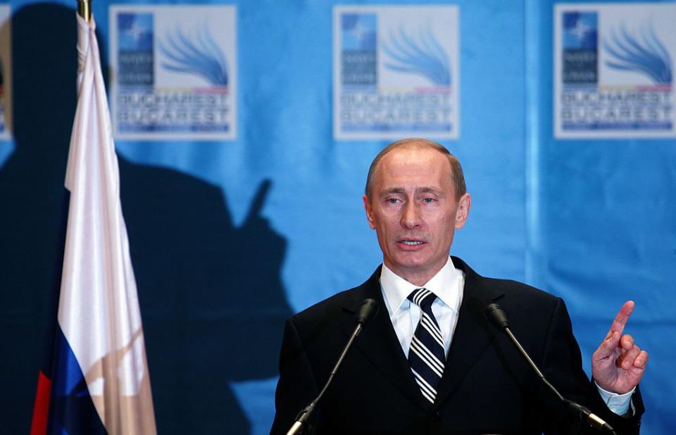 Russian President Vladimir Putin speaks during a press conference after the NATO-Russia Council meeting at the end of the NATO summit on April 4, 2008, in Bucharest, Romania. (Artyom Korotayev/Epsilon/Getty Images)