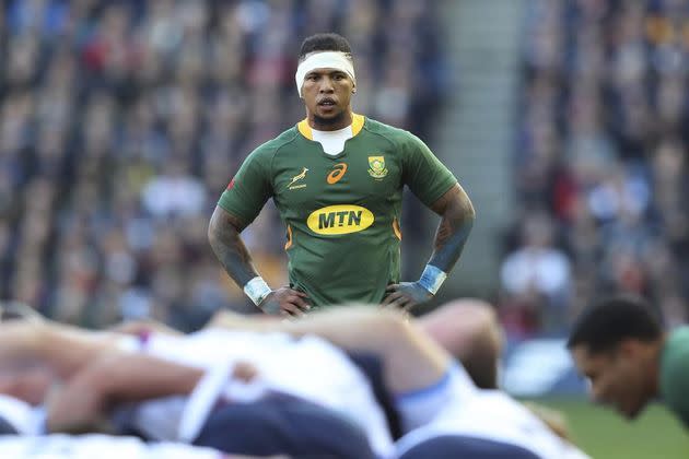 Jantjies watches on players go down in a scrum during the rugby union international match between Scotland and South Africa on Nov. 13, 2021. (Photo: AP Photo/Scott Heppell, File)