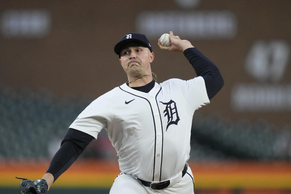 Detroit Tigers pitcher Tarik Skubal throws during the first inning of a baseball game against the Minnesota Twins, Friday, April 12, 2024, in Detroit. (AP Photo/Carlos Osorio)