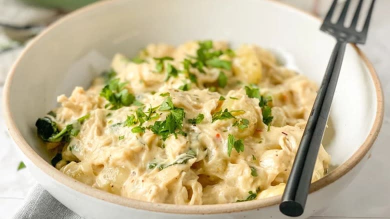 Creamy chicken gnocchi in a bowl 