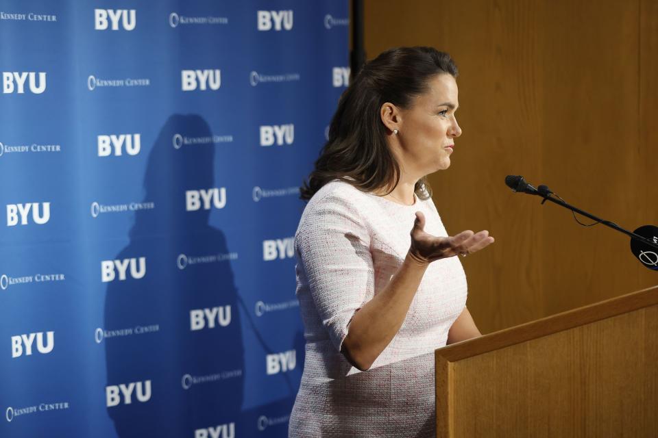 Hungarian President Katalin Novák speaks at Brigham Young University in Provo on Tuesday, Sept. 26, 2023.