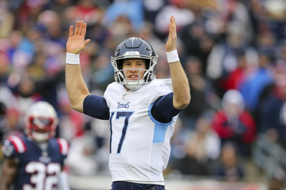 Tennessee Titans quarterback Ryan Tannehill celebrates a touchdown against the New England Patriots on Nov. 28.