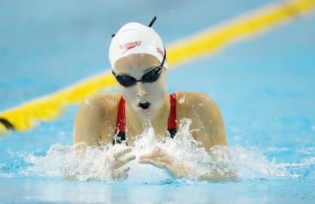 Emily Overholt of Canada competes in the women's swimming 400m individual medley final during the 2015 Pan Am Games at Pan Am Aquatics UTS Centre and Field House. Erich Schlegel-USA TODAY Sports