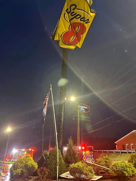 Super 8 sign damaged after storms on April 11 (Photo Courtesy: Hillsville Fire Department)
