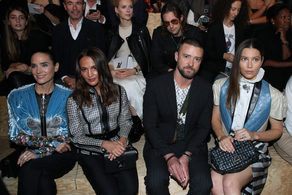 PARIS, FRANCE - OCTOBER 01: (L-R) Jennifer Connelly, Alicia Vikander, Justin Timberlake and Jessica Biel attend the Louis Vuitton Womenswear Spring/Summer 2020 show as part of Paris Fashion Week on October 01, 2019 in Paris, France. (Photo by Bertrand Rindoff Petroff/Getty Images)