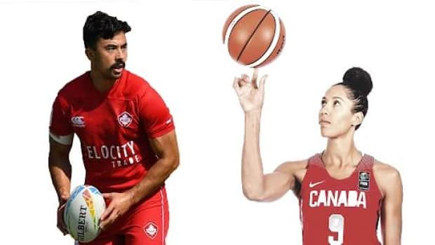 Rugby sevens co-captain Nathan Hirayama, left, and basketball player Miranda Ayim, right, were chosen as Canada's flag-bearers for the Tokyo 2020 opening ceremony on Monday.  (Instagram/CBC Sports - image credit)