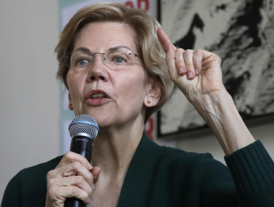 Democratic presidential candidate Sen. Elizabeth Warren, D-Mass., speaks at a campaign house party, Friday, March 15, 2019, in Salem, N.H. (AP Photo/Elise Amendola)