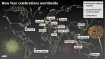 World map detailing some of the main New Year celebrations around the world. 135 x 77 mm