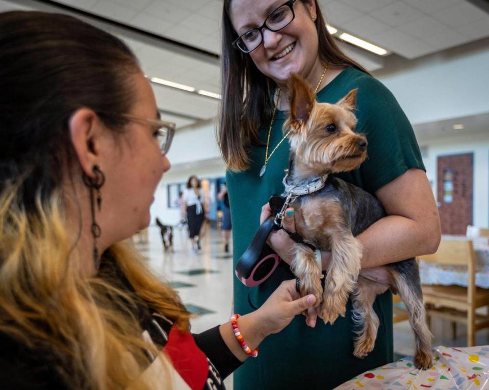 Hialeah Gardens High School junior Brenda Ramos, left, greets Zoe, a Yorkie owned by Jeannie Shen, a teacher who runs the S.A.F.E. initiative. holding the dog during an event to promote mental health among high school students. Hialeah Gardens, Florida - May 30, 2023 -