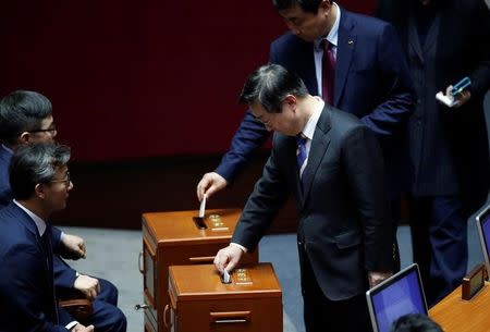 Lawmakers vote on the impeachment bill of South Korean President Park Geun-hye at the National Assembly in Seoul, South Korea, December 9, 2016. REUTERS/Kim Hong-Ji