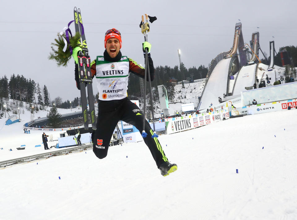 <p>Johannes Rydzek from Germany celebrates during the the FIS Nordic Ski World Championships – Men’s Nordic Combined – Individual Competition in Lahti, Finland on March 1, 2017. (Kai Pfaffenbach/Reuters). </p>