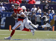 <p>Los Angeles Chargers defensive back Derwin James, right, tackles Kansas City Chiefs quarterback Patrick Mahomes during the first half of an NFL football game Sunday, Sept. 9, 2018, in Carson, Calif. (AP Photo/Kelvin Kuo) </p>