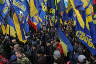 <p>Three Ukrainian far right organizations Azov, Svoboda and Right Sector gather about 10 thousands of its members and supporters for a “March of National Dignity” downtown Kiev, Ukraine, Feb. 22, 2017. (Sergii Kharchenko/NurPhoto via Getty Images) </p>