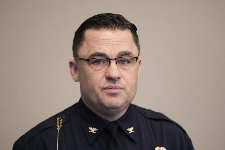 Lansing Chief of Police Ellery Sosebee speaks during a news conference at Michigan State University in East Lansing, Mich., Thursday, Feb. 16, 2023. Alexandria Verner, Brian Fraser and Arielle Anderson were killed and several other students remain in critical condition after a gunman opened fire on the campus of Michigan State University Monday night. (AP Photo/Paul Sancya)