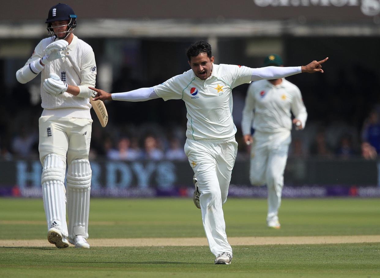 Pakistan's Mohammad Abbas celebrates taking the wicket of England's Stuart Broad: PA