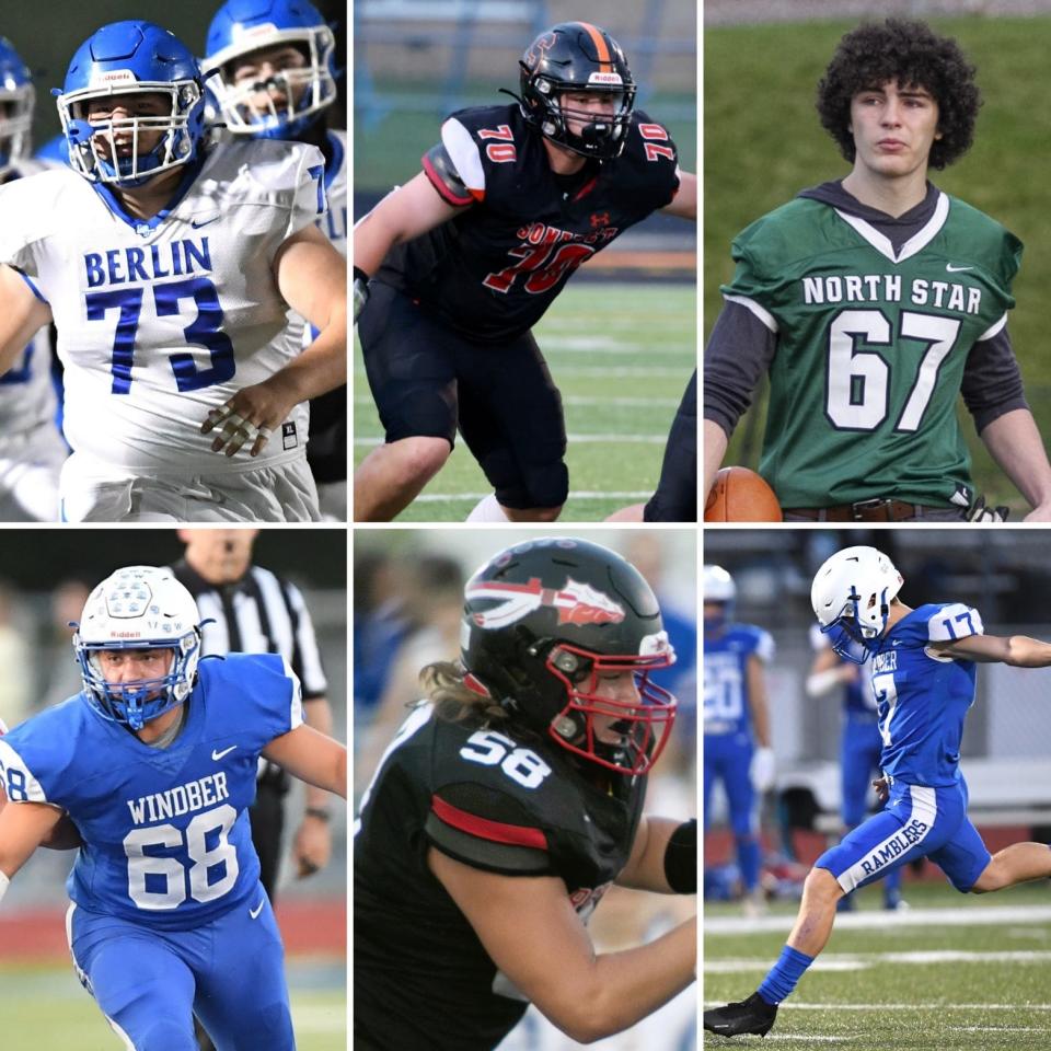 The 2023 Daily American Somerset County All-23 Football Team All-Stars include, bottom row, from left, Windber's Ryan Grohal, Meyersdale's Brady McKenzie, Windber's Bryson Costa, top, Berlin Brothersvalley's Christian Ciepiela, Somerset's Zane Hagans and North Star's Max Foy.