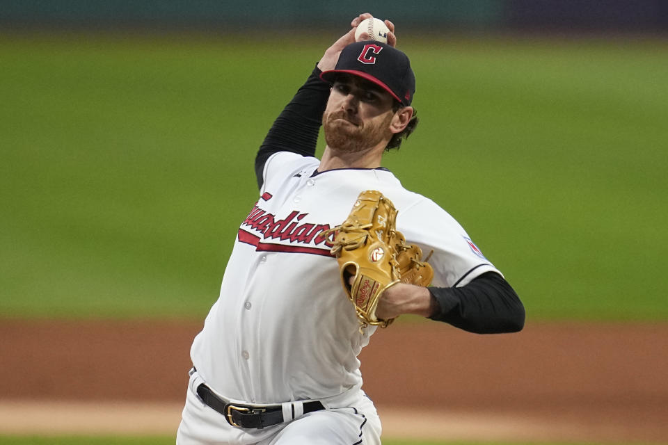 FILE -Cleveland Guardians' Shane Bieber pitches to a Baltimore Orioles batter during the first inning of a baseball game Friday, Sept. 22, 2023, in Cleveland. Baseball’s next free agency class won’t have a two-way star like Shohei Ohtani, and almost certainly no deals like his record-shattering $700 million over 10 years to switch teams in Los Angeles this year. But there could still be All-Star sluggers and Cy Young Award winners available next offseason. (AP Photo/Sue Ogrocki, File)