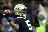 New Orleans Saints quarterback Teddy Bridgewater (5) throws in the first half of an NFL football game against the Tampa Bay Buccaneers in New Orleans, Sunday, Oct. 6, 2019. (AP Photo/Butch Dill)