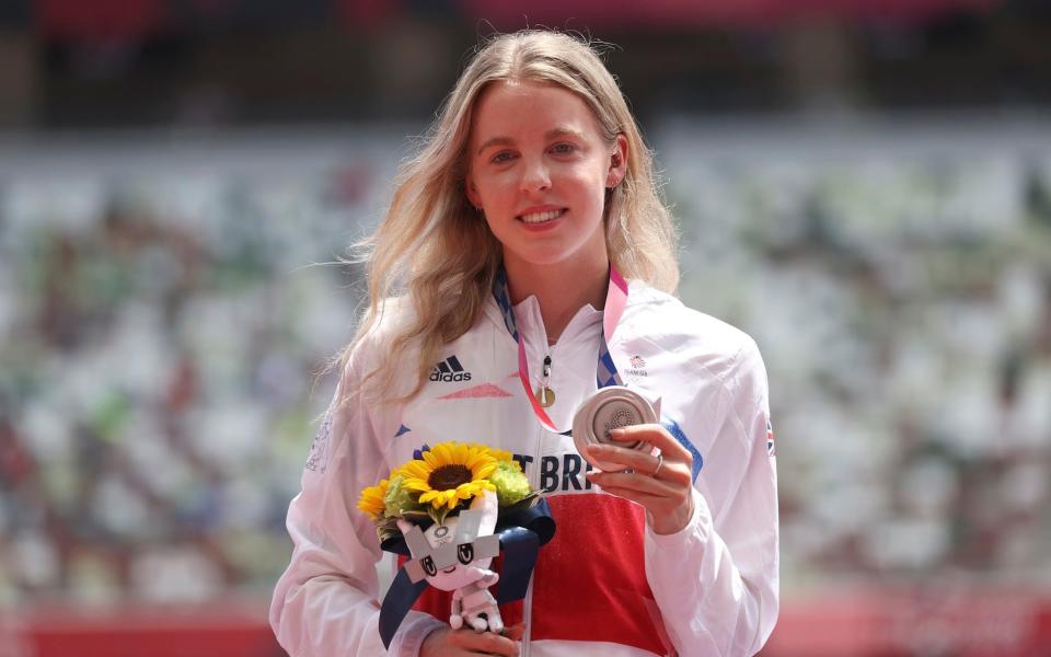 Silver medalist Keely Hodgkinson of Team Great Britain poses during the medal ceremony for the Women's 800m Final on day twelve of the Tokyo 2020 Olympic Games at Olympic Stadium on August 04, 2021 in Tokyo, Japan.