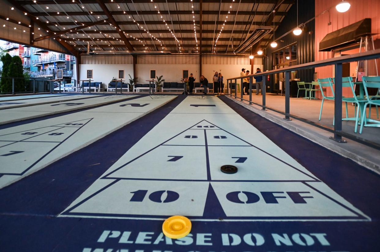 The newly opened shuffleboard courts at Lansing Shuffle, seen Saturday, May 11, 2024.