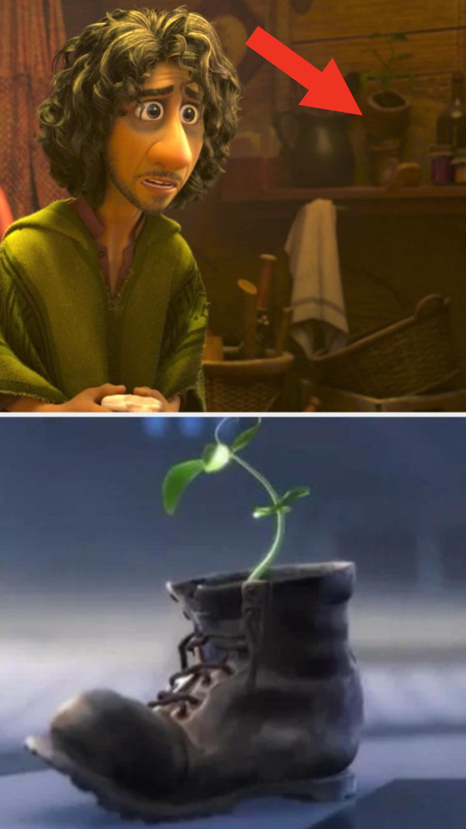 Bruno hiding behind the walls in "Encanto;" the boot with the plant in it from "WALL-E"