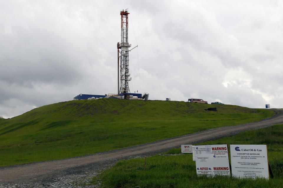 FILE - A drilling rig is seen on Oct. 14, 2011, in Springville, Pa. A year after pleading no contest to criminal charges, Coterra Energy Inc., one of Pennsylvania’s biggest natural gas companies, is poised to drill and frack in the rural community where it was banned for a dozen years over accusations it polluted the water supply. (AP Photo/Alex Brandon, File)