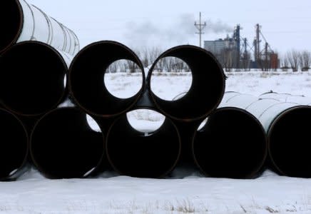 FILE PHOTO: A depot used to store pipes for Transcanada Corp's planned Keystone XL oil pipeline is seen in Gascoyne, North Dakota, January 25, 2017.  REUTERS/Terray Sylvester